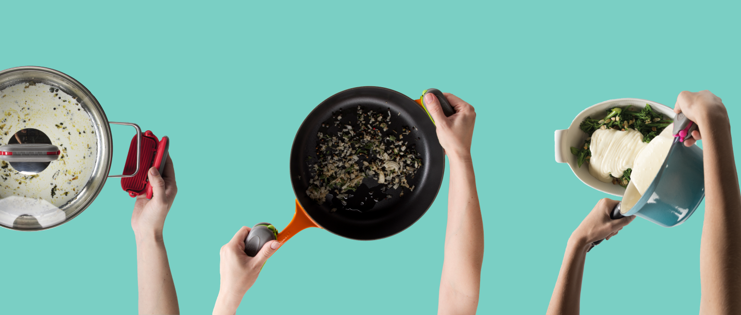 Image of PebbleGrip, an oven glove alternative, clipping onto pot and pan handles, cooking food.