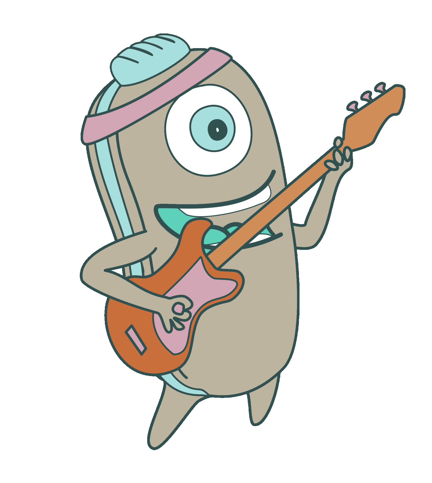 PebbleGrip's mascot which is an illustrated PebbleGrip called Klippie playing guitar.