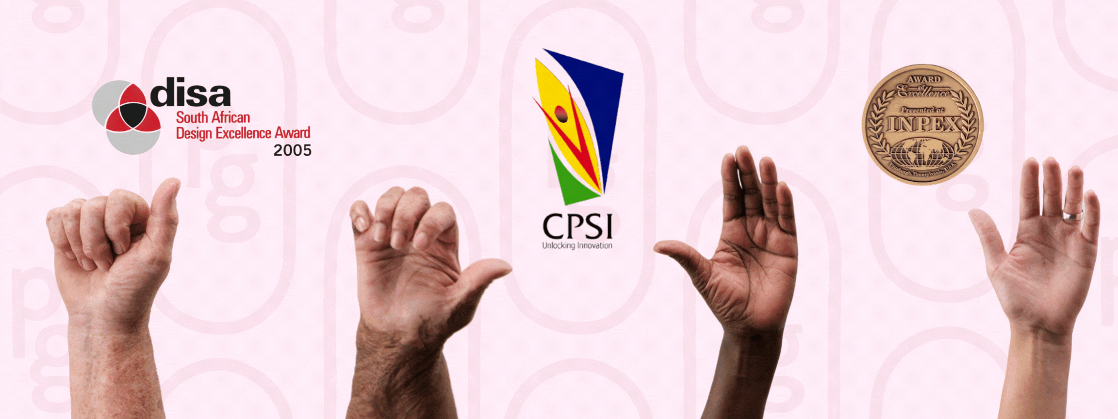 Hands of all ages, races, and abilities with PebbleGrip awards: DISA, CPSI, and INPEX on light pink background.