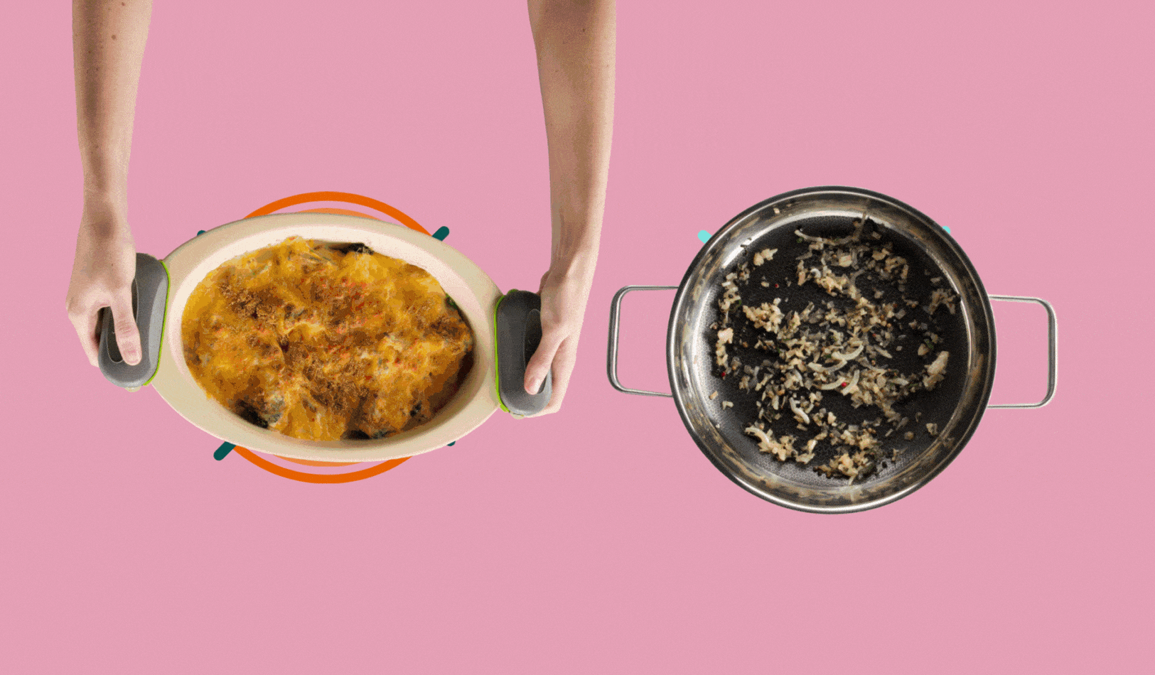 PebbleGrip, an oven mitt alternative being used for cooking and moving cookware.