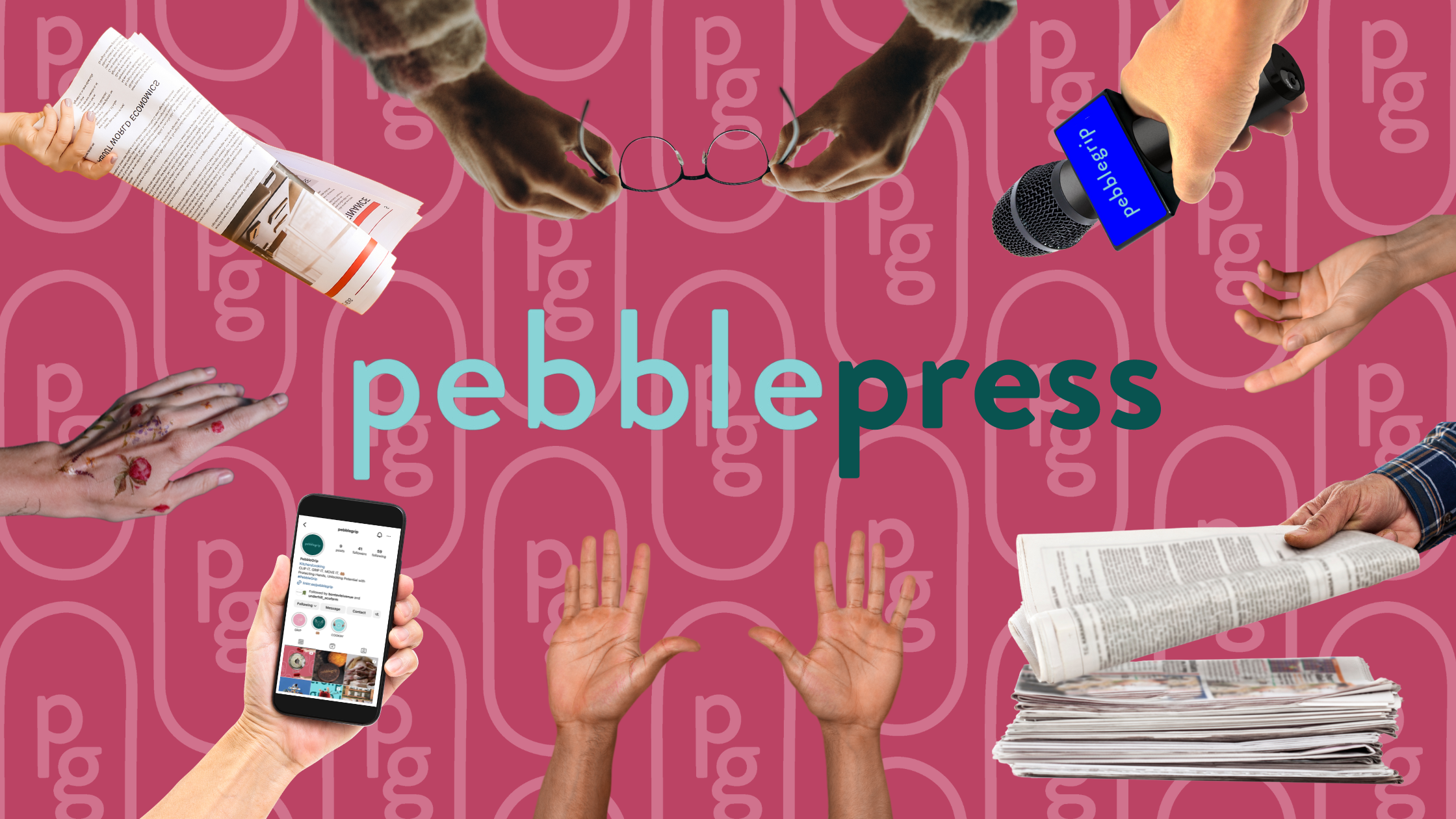 This image says PebblePress on it, with different media such as newspapers shown